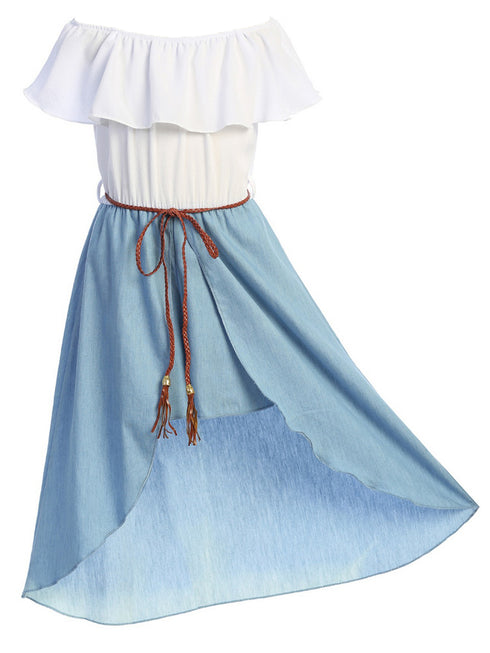 Girls Ruffle Off Shoulder Denim Jumpsuit with Brown Knitted Drawstring, Sizes 4-14 - SophiasStyle.com